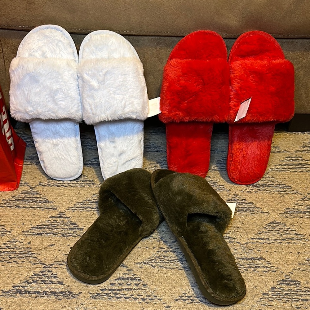 Fuzzy Cherry Red, Light Blue, and Olive Green Slippers